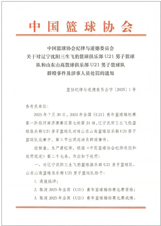 近20名球员参与群殴！中国篮协发布通报