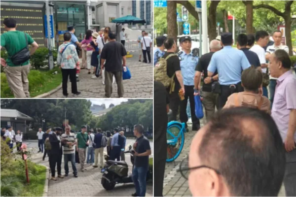 公民記者張展被控「尋釁滋事罪」案，9月19日在上海浦東新區法院開庭，上海各區公安派出大量警力阻止訪民旁聽。（受訪者提供／大紀元合成）