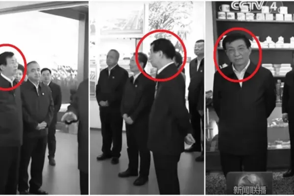2025年9月24日，中共政治局常委王滬寧多次背著手，聽中共黨魁習近平訓話。（央視擷圖合成）