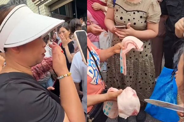 大批家长在校门外，声称供应学校饭堂的是发臭猪内和劣质淋巴肉。抖音＠天津金轮