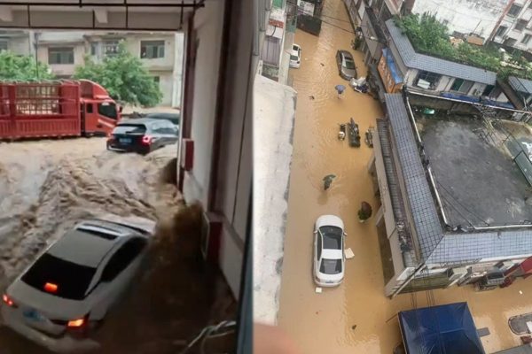 中国贵州遭受洪水之灾。（视频撷图、受访者提供大纪元／看传媒合成）