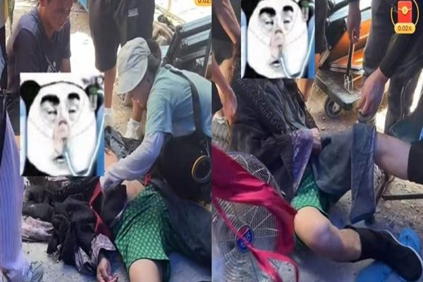 横店古装演员顶着高温拍戏，疑因太热晕倒，旁人急忙喂他喝水、吹凉。（微博撷图）