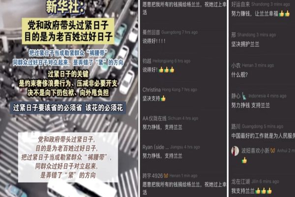 新華社時評的評論區被楊蘭蘭洗版。（視頻擷圖合成）