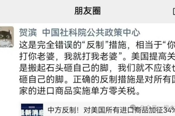 中國社會科學院公共政策研究中心特約研究員賀濱4月6日在社群帳號上發布反對中共反制美國對等關稅的言論。（網路擷圖）