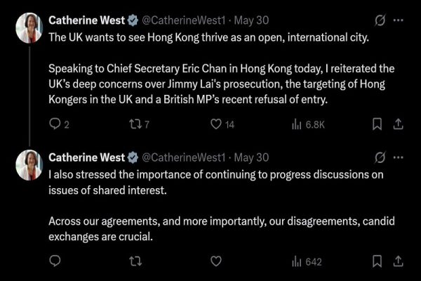 韦斯特5月30日在社交媒体X透露曾与港府政务司司长陈国基会面，表达对《壹传媒》创办人黎智英案等关注。（韦斯特X撷图）