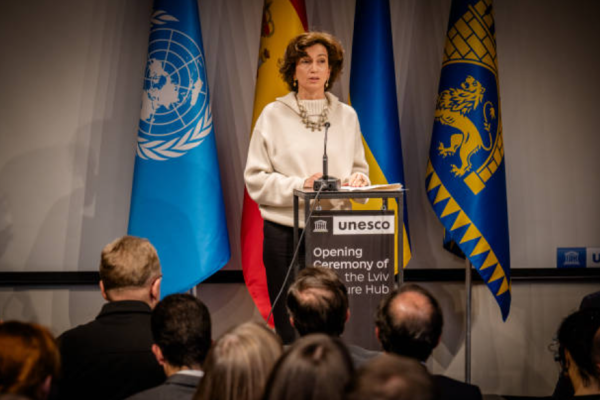 聯合國教科文組織總幹事奧黛麗·阿祖萊（Audrey Azoulay）。(Photo by Eduard Kryzhanivskyi/Ministry of Foreign Affairs of Ukraine/Global Images Ukraine via Getty Images)