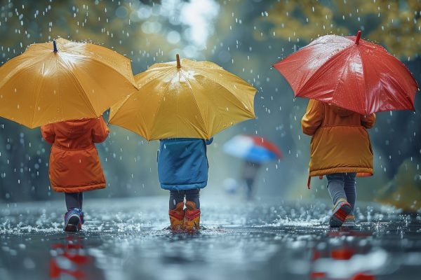 The children loved playing outside on rainy days with their bright, colorful umbrellas. Generative AI.