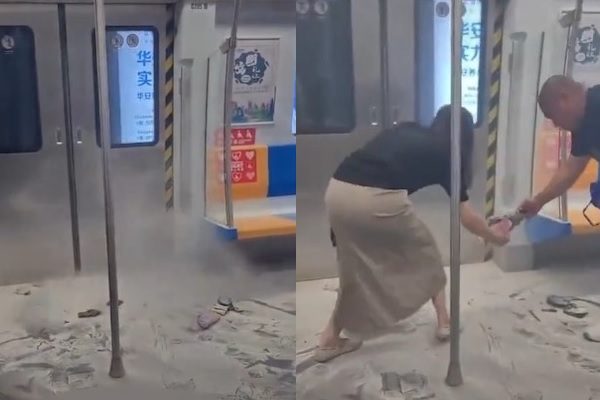 示意圖。圖為2023年5月29日北京地鐵7號線一車廂內，一名女乘客的充電寶突然爆炸。（視頻擷圖合成）