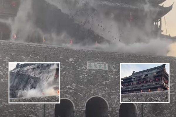 明太祖朱元璋故里凤阳鼓楼5月19日傍晚突坍塌。（视频撷图）