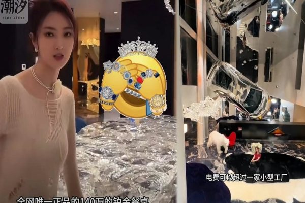 大陆网红「大蓝」的妻子「大叶子」近日在抖音高调炫耀其位于杭州市中心的「亿级豪宅」，装修豪掷8000万，年缴电费高达40万。（抖音、微博视频撷图）