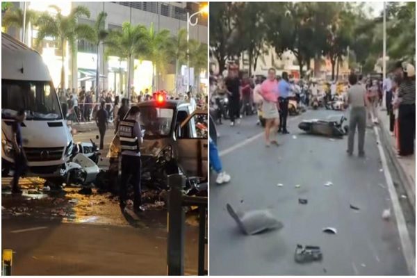 4月16日，海南三亚市有一辆面包店一路冲撞行人和电单车，据传几十人伤亡。（视频撷图）
