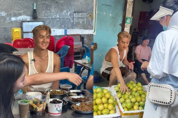 吳克群近日被網民拍到在中國廣西街頭擺攤賣水果（右），此前也曾被捕捉到出現在街邊小吃攤（左）。（小紅書擷圖）