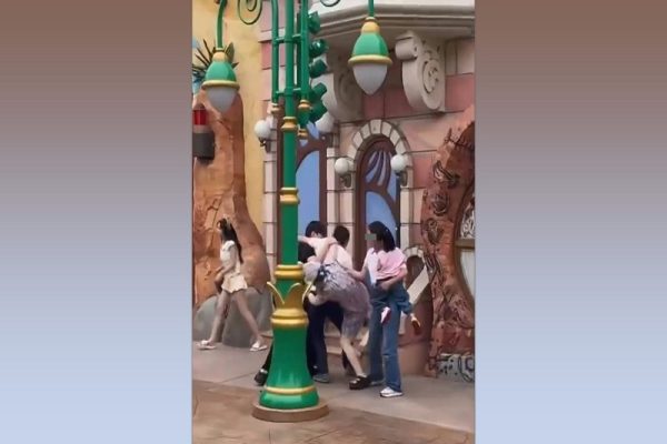 上海迪斯尼一对情侣与一家三口爆发激烈的肢体冲突。（微博撷图）