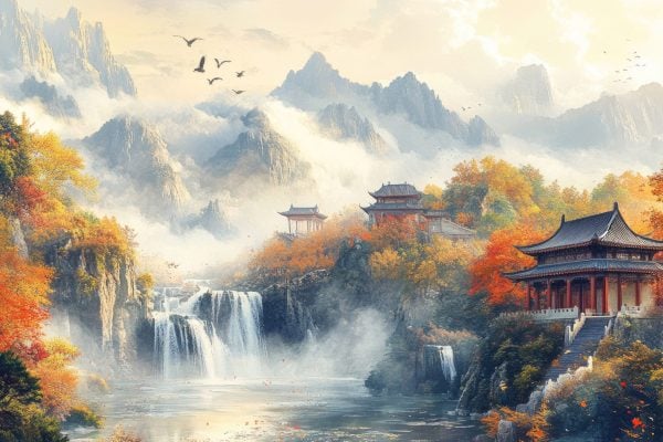Lakes and arch bridges in the mountains, pavilions in the distance, Chinese paintings