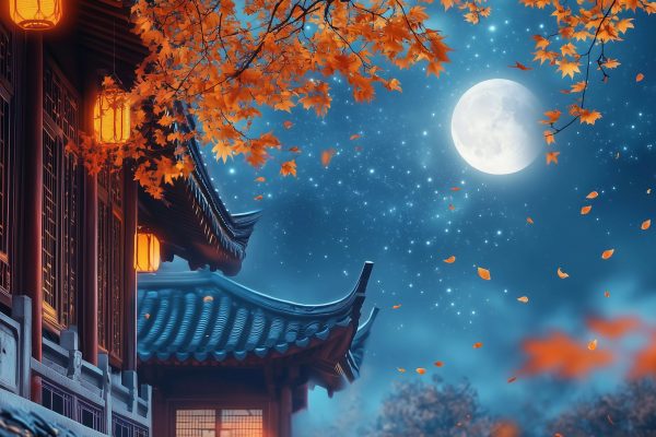 Full moon hangs over ancient Chinese building,maple leaves.Mid-Autumn Festival theme banner.
