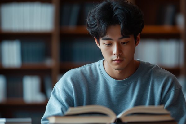 young man is deeply focused on reading book in library, surrounded by shelves filled with books. His concentration reflects passion for learning and knowledge.