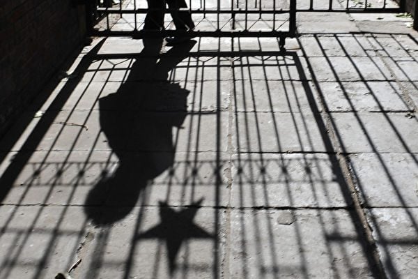 A woman walking between a metal gate ado