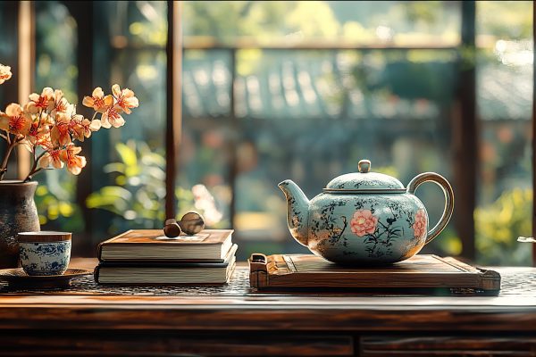 teapot and chinese ancient books rendering