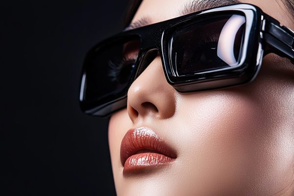 asian woman wearing AR smart glasses, spy glasses