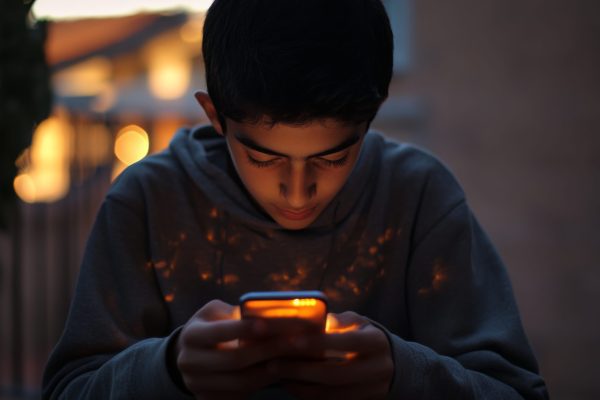 Photo of A boy is sitting and playing with his phone , A social media ban for children , Generative AI