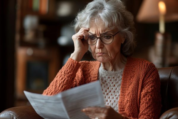 Upset elderly woman reading document and getting stressful bad news at home, senior lady shocked with letter, touching head, trying to cope with negative, Generative AI