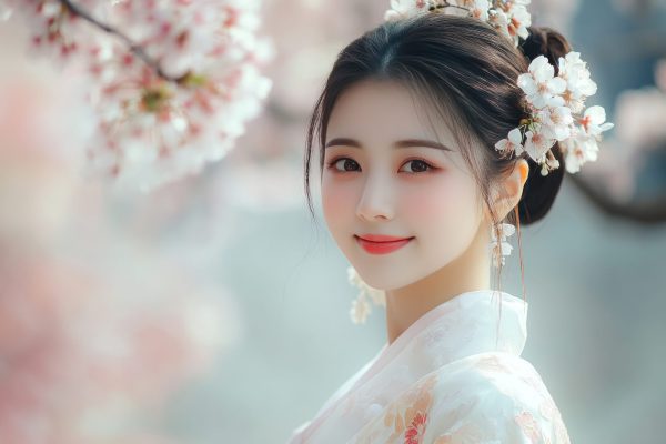 Chinese woman smile wearing traditional korean hanbok cloth in cherry blossom