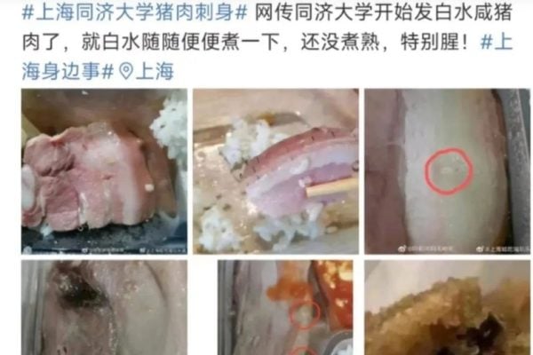 同济大学有学生反映午餐供应的“咸肉”存在质量问题，有的不熟，有的长虫，好似“猪肉刺身”。