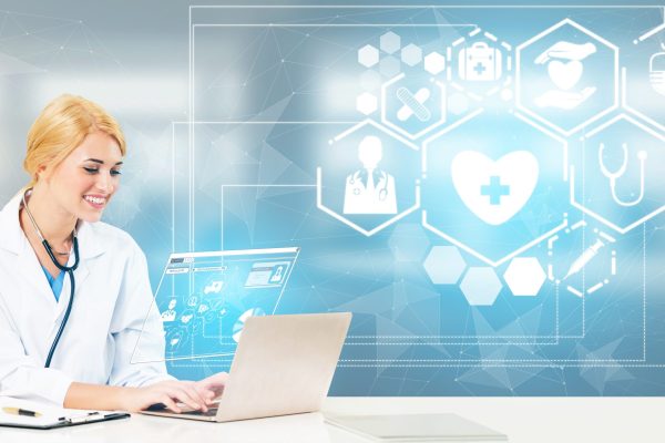Medical Healthcare Concept - Doctor in hospital with digital medical icons graphic banner showing symbol of medicine, medical care people, emergency service network, doctor data of patient health.