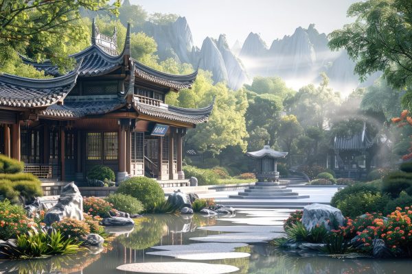 Ancient Chinese architecture, Large yard, smooth. Generative AI.