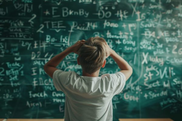 Overwhelmed student in front of complex math problems on chalkboard