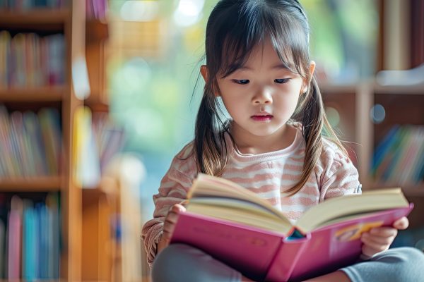 Asian child reading book at home