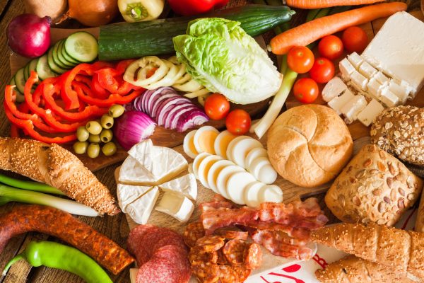 Assorted grocery products, top view