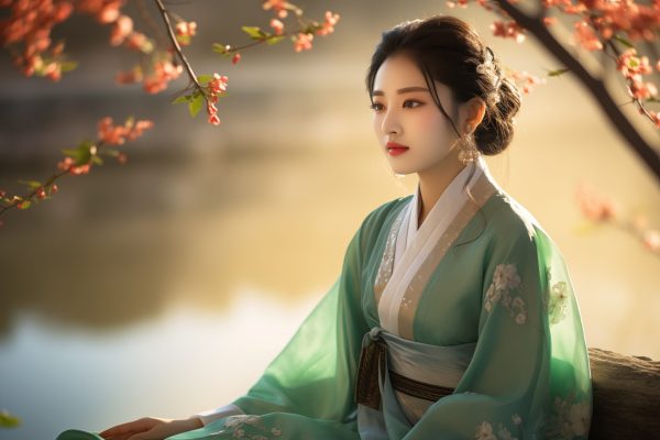 Young Chinese woman dressed in a traditional Chinese costume framed by the blossoms of spring